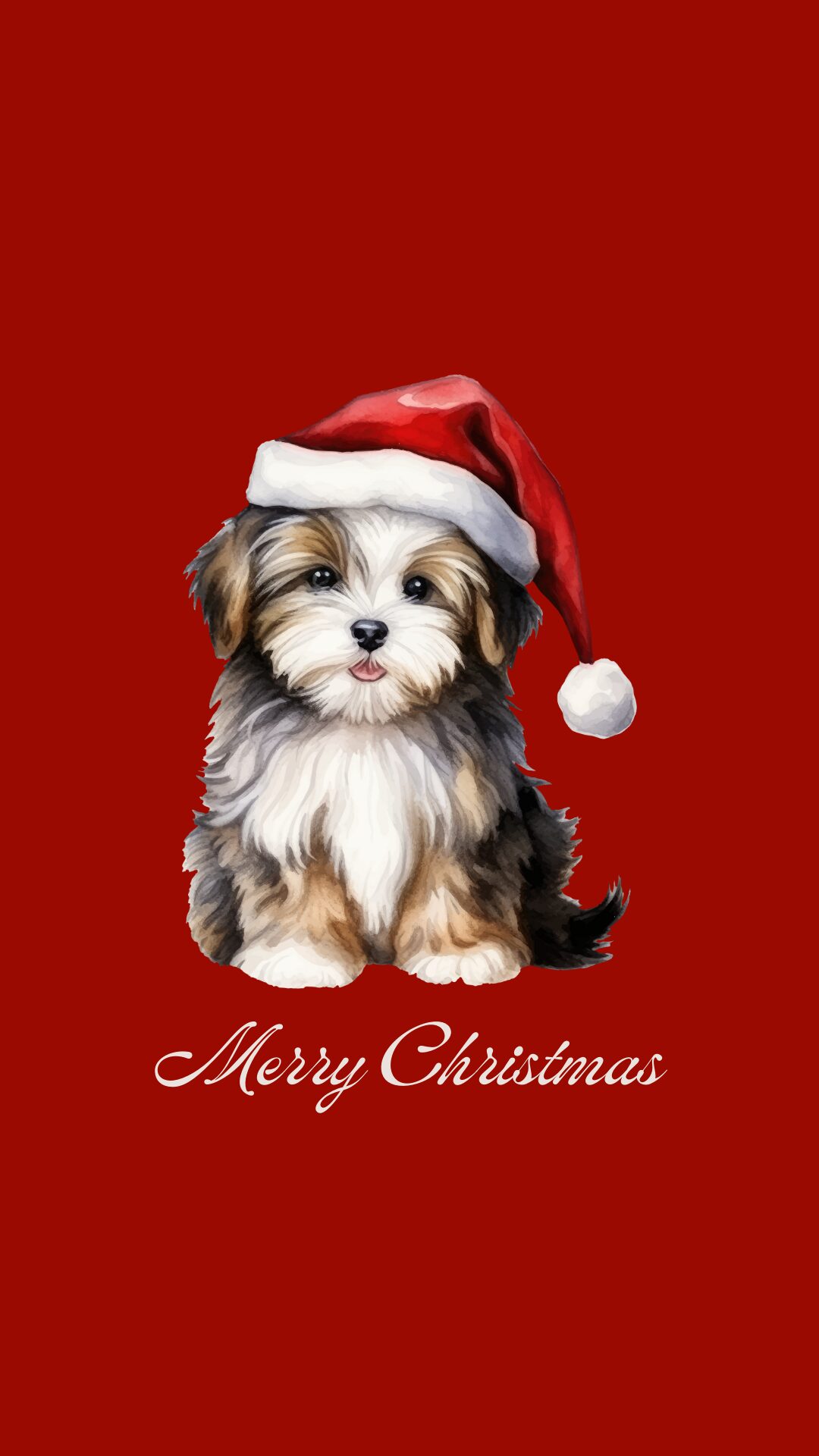 Free Christmas red phone wallpaper with dog wearing Christmas hat and text