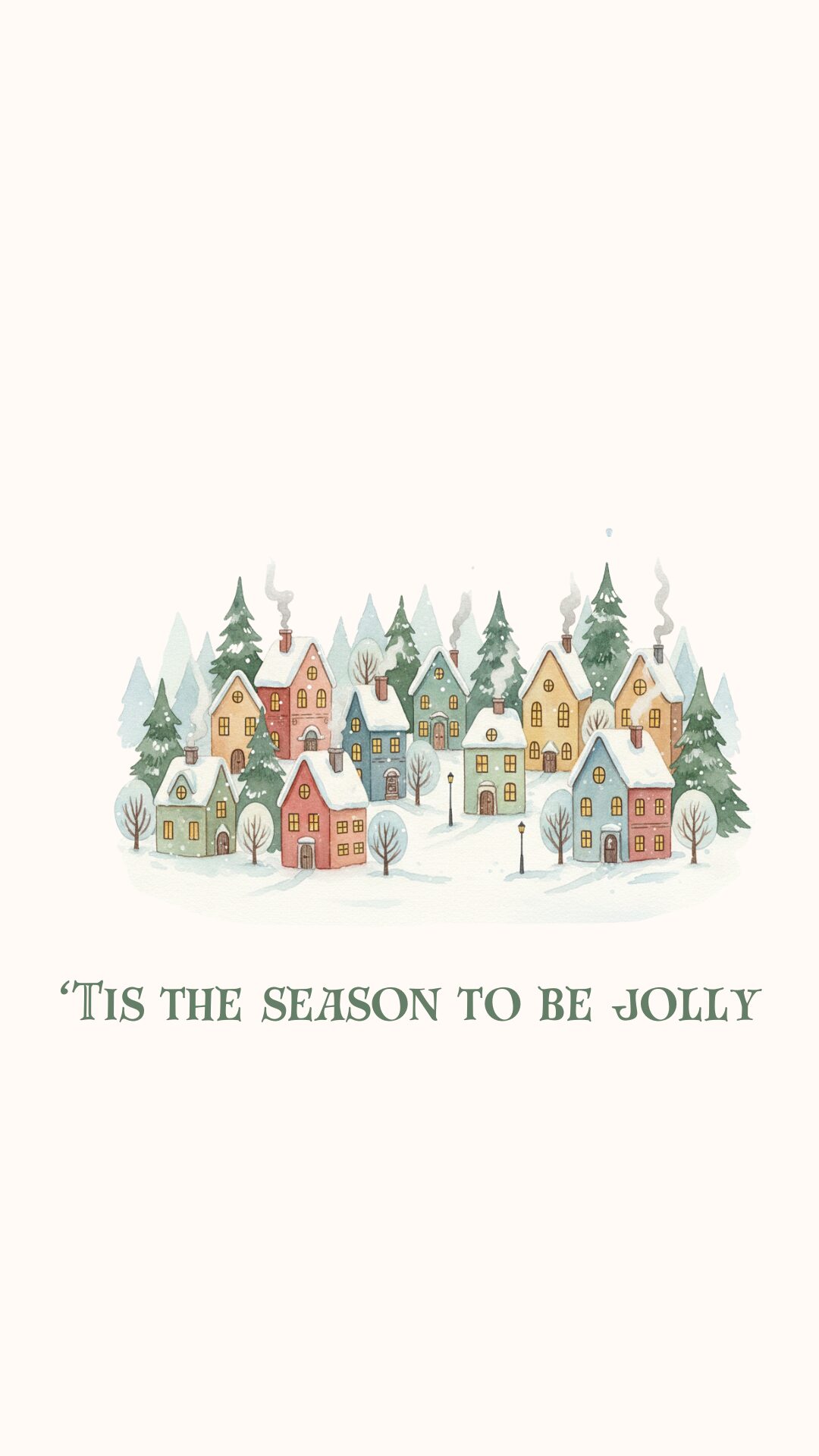 Free Christmas phone wallpaper with snow covered homes and text